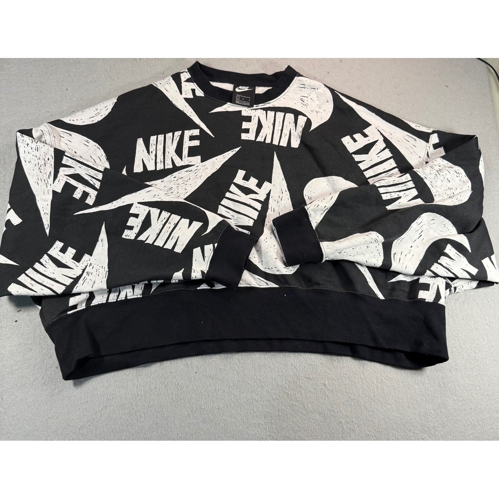 Nike Sportswear Womens Black All Over Print Swoosh Logo Cropped Sweatshirt L - Picture 1 of 8
